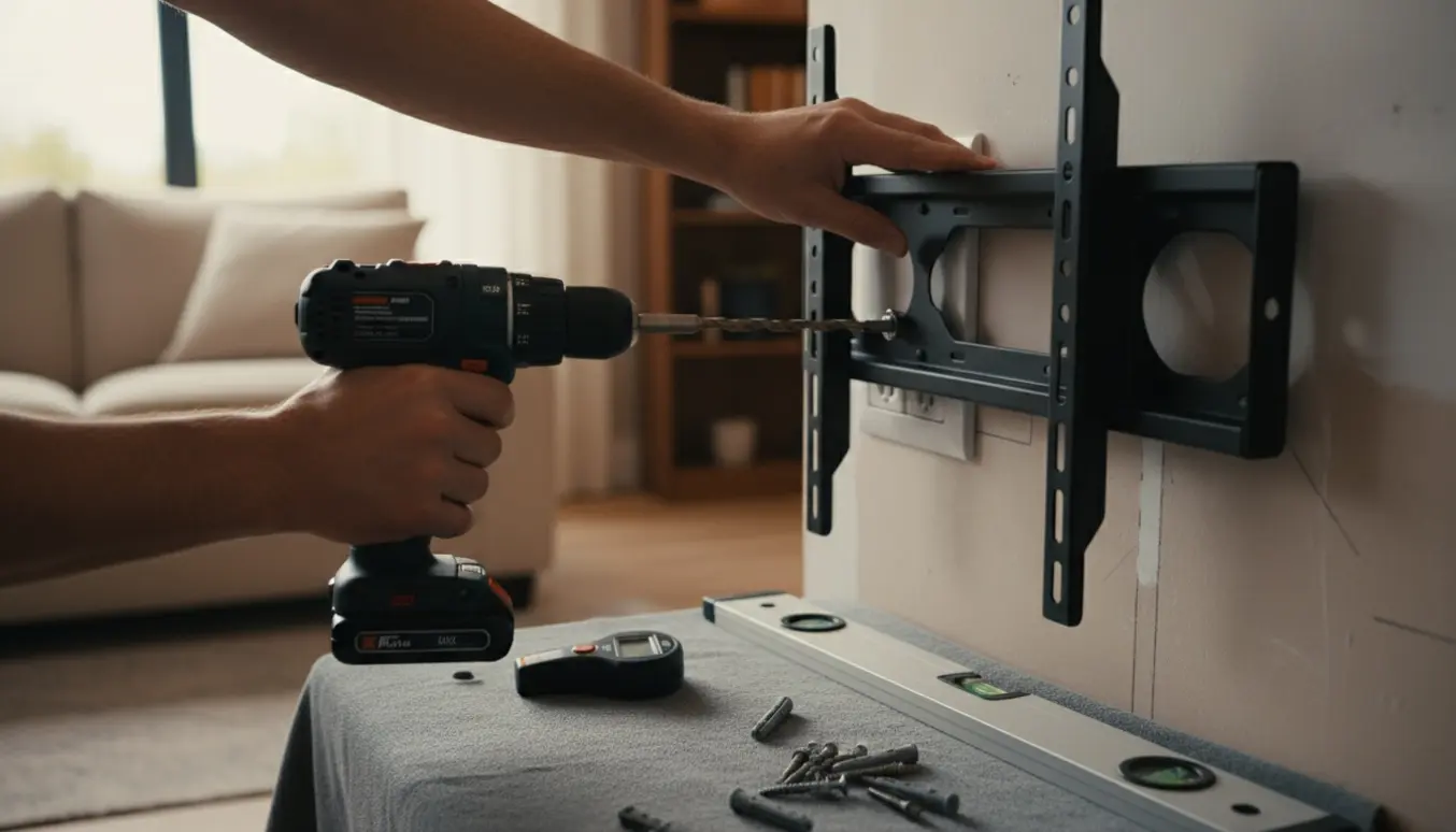 Stor fladskærm hænges op på væggen med beslag og værktøj i en lys stue.
