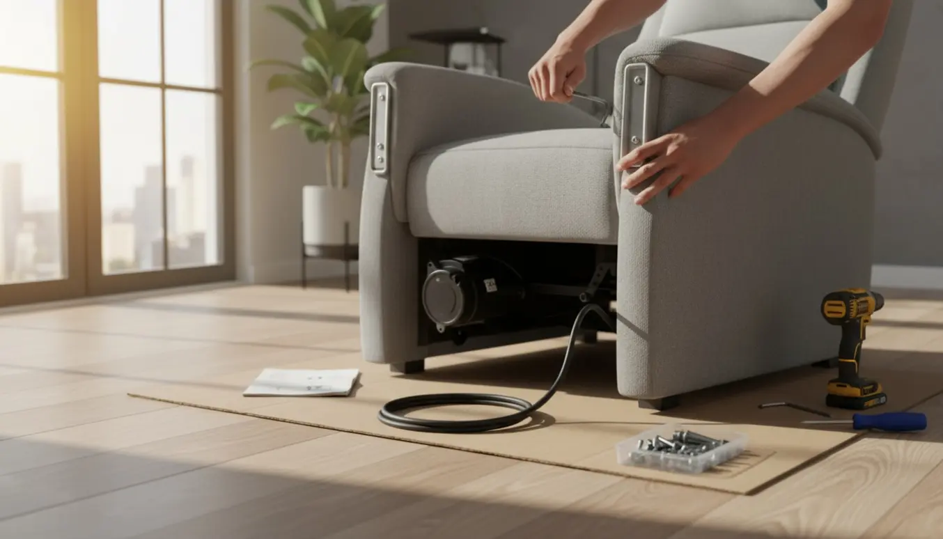 Delvist samlet elektrisk hvilestol i stue med værktøj og hænder, der monterer armstøtten.