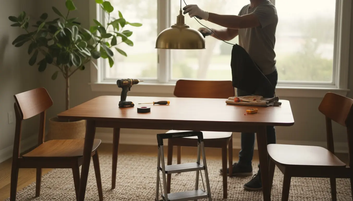 En håndværker monterer en hængelampe over et spisestuebord med stige og værktøj synligt.