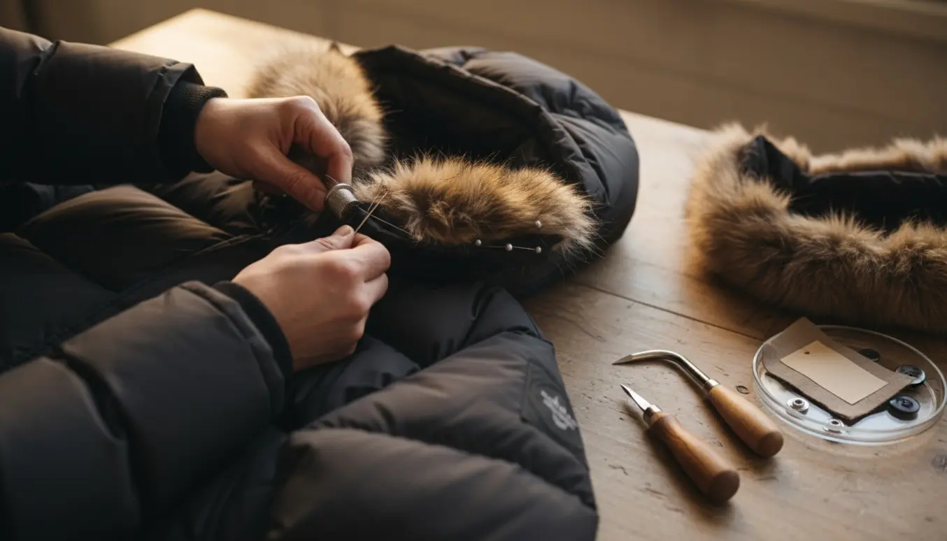 Nogen syer en ny pelskrave fast på en kraftig vinterjakke ved et solbelyst sybord.