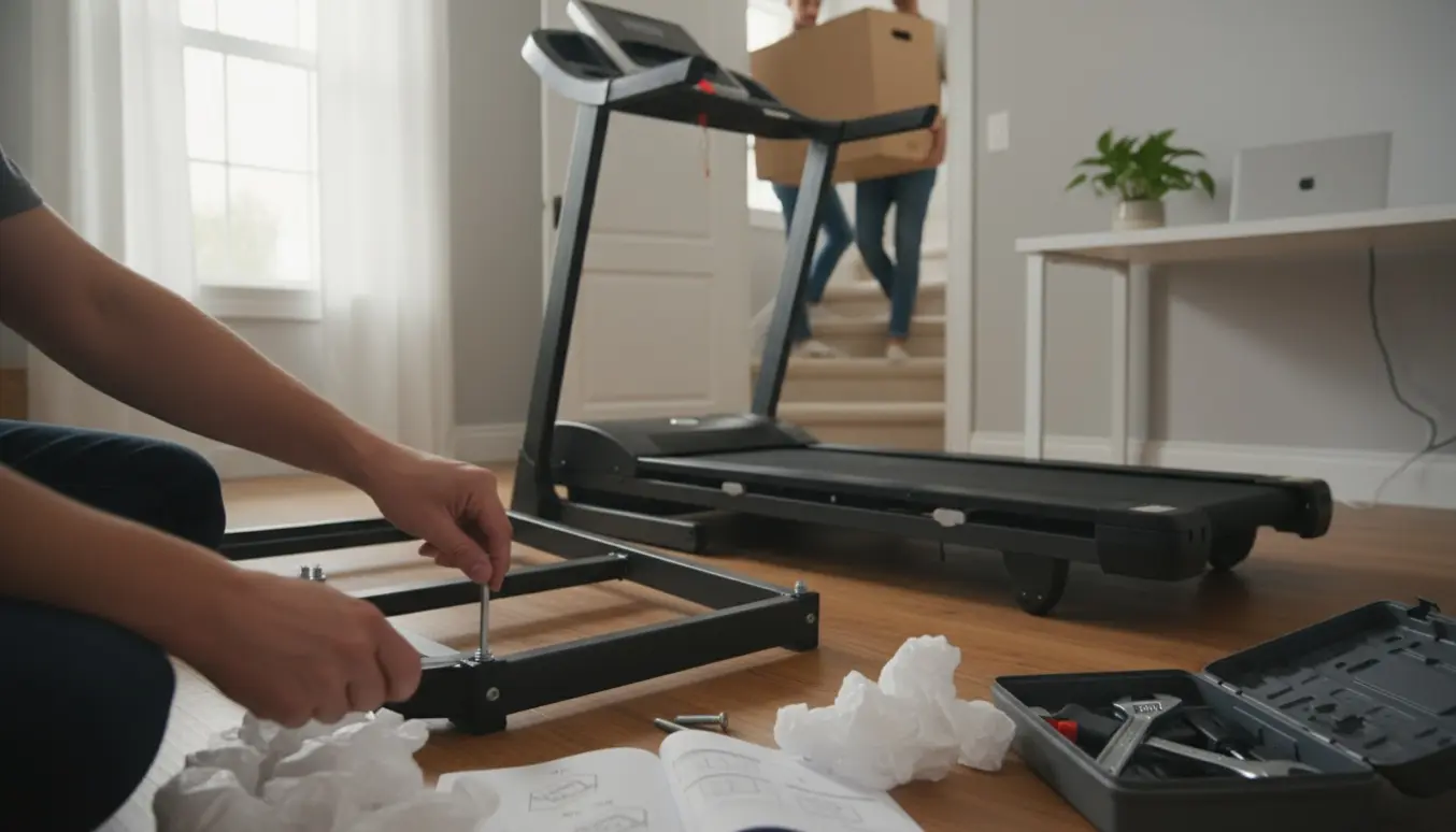 Hænder samler et løbebånd i et lyst hjemmekontor, mens to personer bærer en pakke op ad trappen.