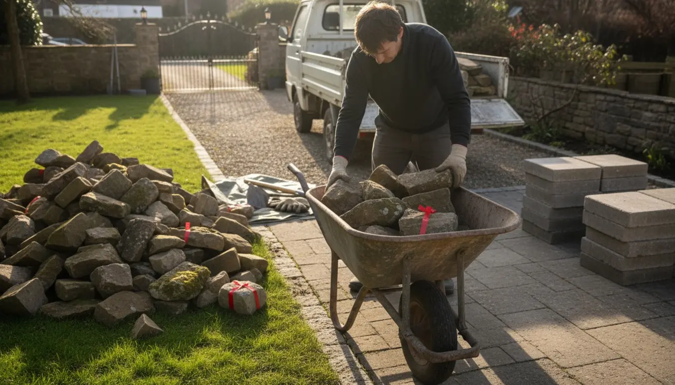 Hænder læsser stenvabler i trillebør ved forhave og gård, med rødt markerede sten lagt til side.