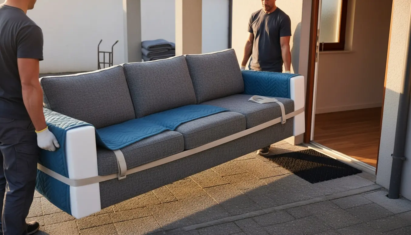 L-formet hjørnesofa bæres fra carporten ind i en stuelejlighed over en kort flisebelagt passage.