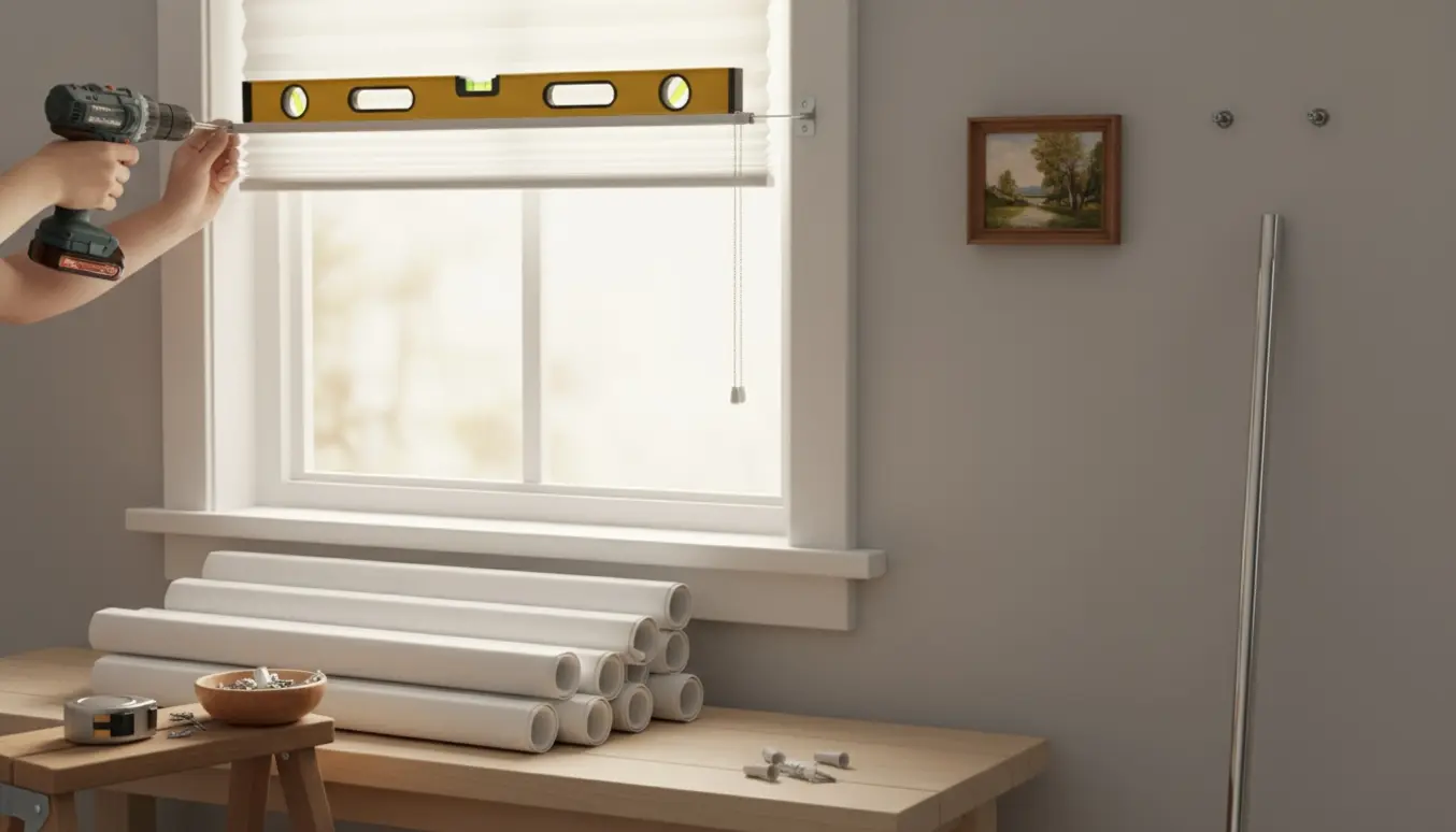 Hænder monterer en persienne ved et vindue med værktøj og en ny brusestang i baggrunden.
