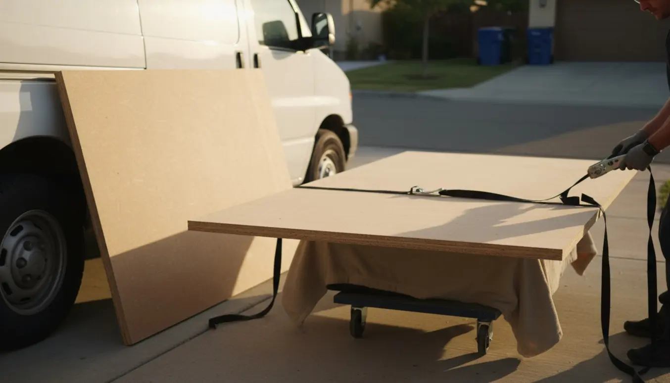 To MDF-bordplader klar til bortskaffelse ved en varevogn, med handsker og en flyttedolly.