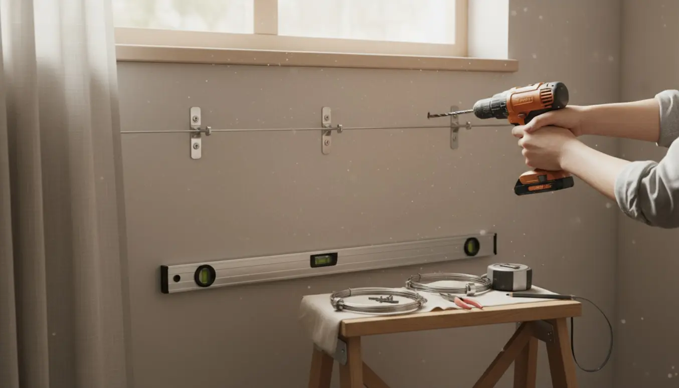 Hænder borer i en væg for at montere tre gardinwirer over et vindue.