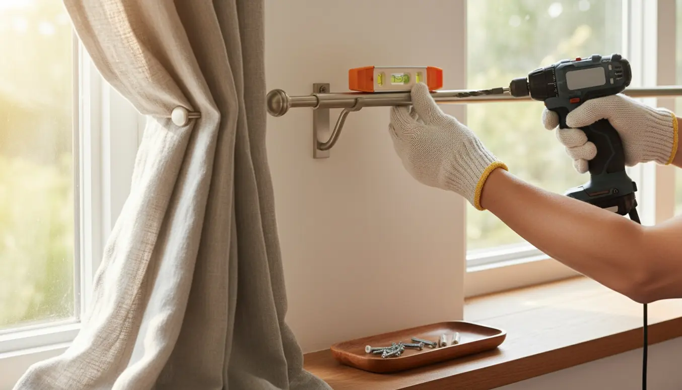 Hænder monterer en gardinstang over en vindueskarm med værktøj og gardin i blødt dagslys.