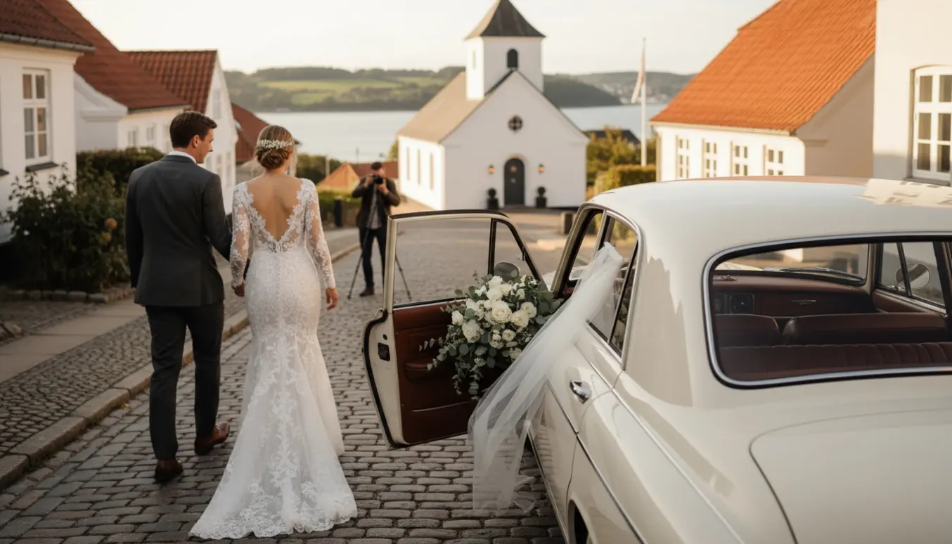 Et brudepar set bagfra ved et elegant hvidt bryllupsbil foran en lille kirke i Vejle med en fotograf i baggrunden.