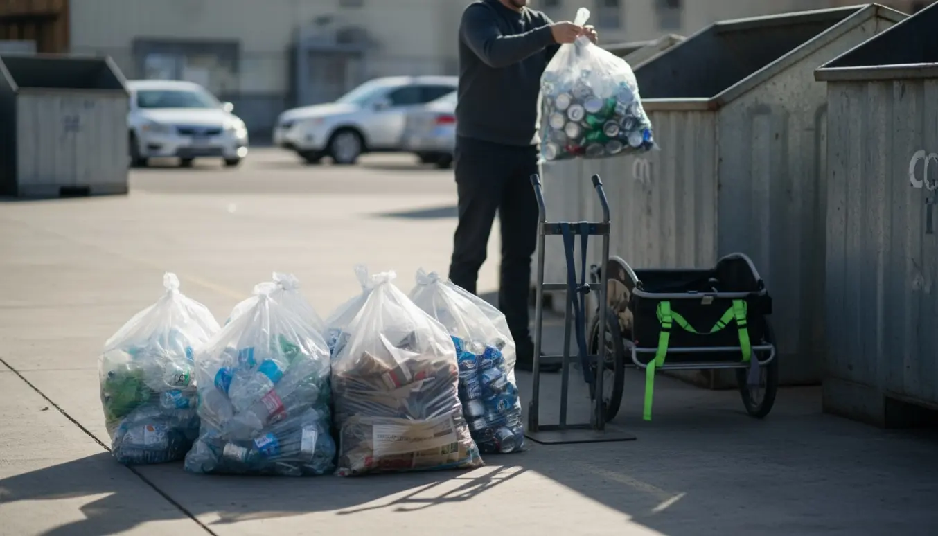En person læsser seks klare affaldsposer med genbrug på en genbrugsplads, set bagfra.