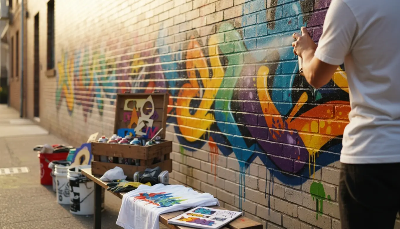 En kunstner sprayer en farverig, ulæselig graffiti på en mur med spraydåser, stencils og en t-shirtprøve i en soloplyst byalley.
