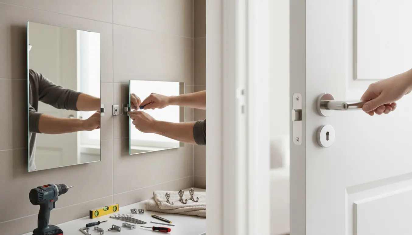 Hænder monterer to badeværelsesspejle med skjult ophæng og installerer indvendigt dørhåndtag med værktøj omkring.