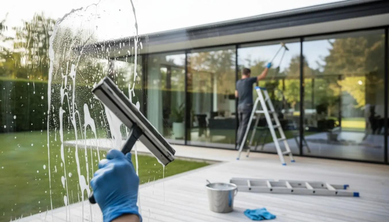 Nærbillede af store, sprossefri vinduespartier på et étplans hus, hvor vinduespudsere bruger skraber og klud.