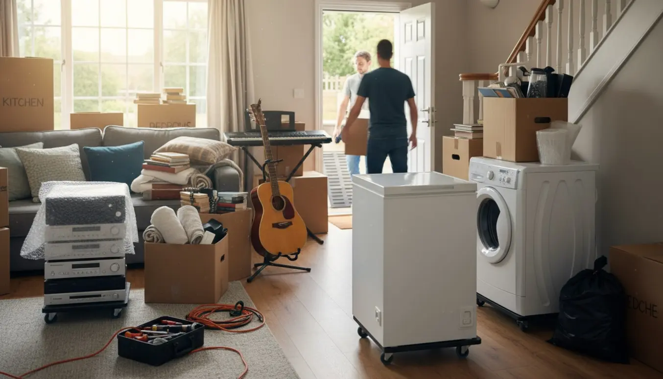 Interiør af toplanshus under tømning med pakker, møbler, instrumenter og apparater klar til flytning.