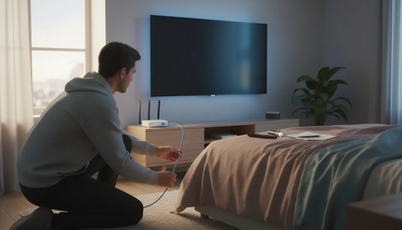 En person tilslutter et kabel til et TV i et soveværelse ved siden af en trådløs router med blinkende dioder.