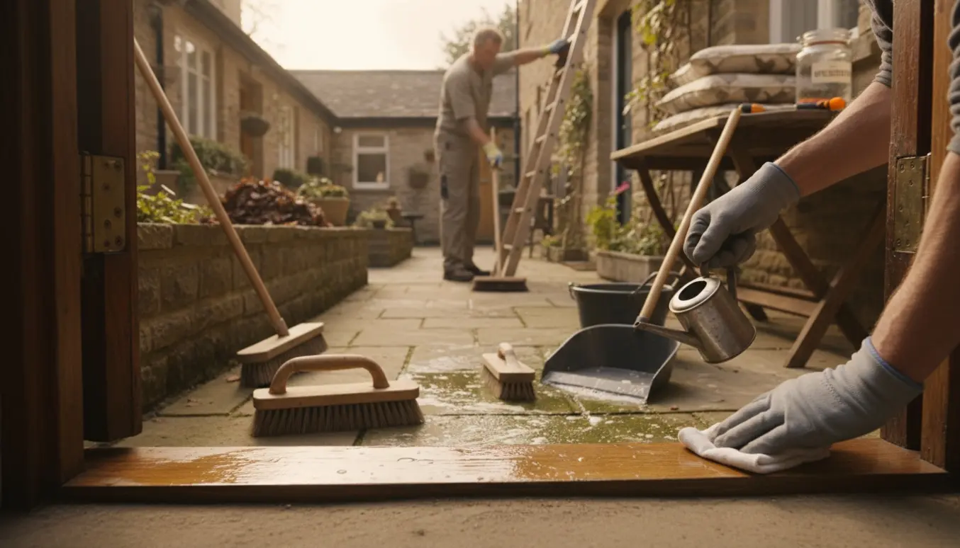 Vicevært arbejder i en gård med hænder der smører dørtrin, fejer fliser og rengør tagrende.