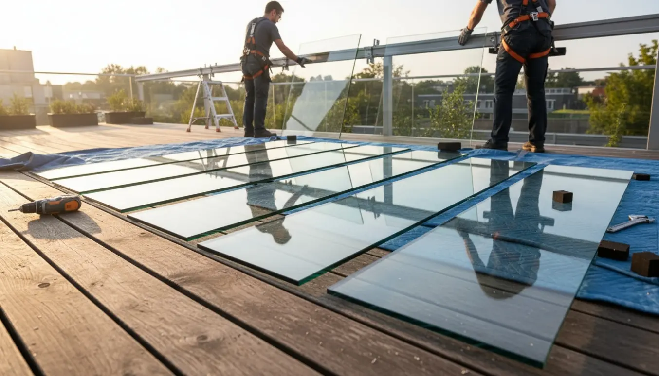 To arbejdere lægger seks lange glasplader fra terrasseoverdækning forsigtigt på terrassen.