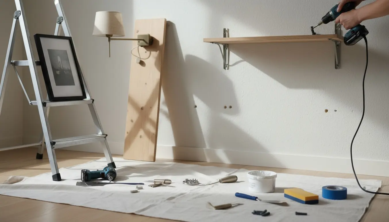 Hænder fjerner et stålhyldeophæng fra en væg med værktøj og nedtagne lamper og billeder i forgrunden.