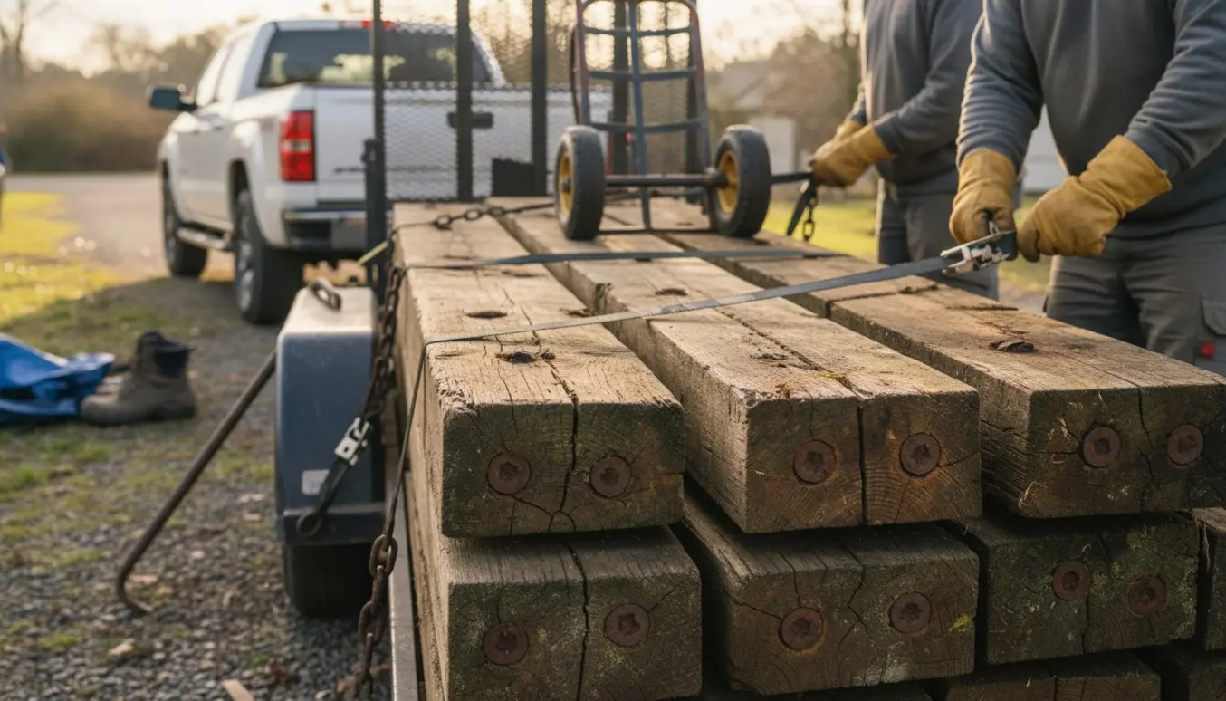 Gamle træsveller stablet og fastgjort på en trailer klar til afhentning.