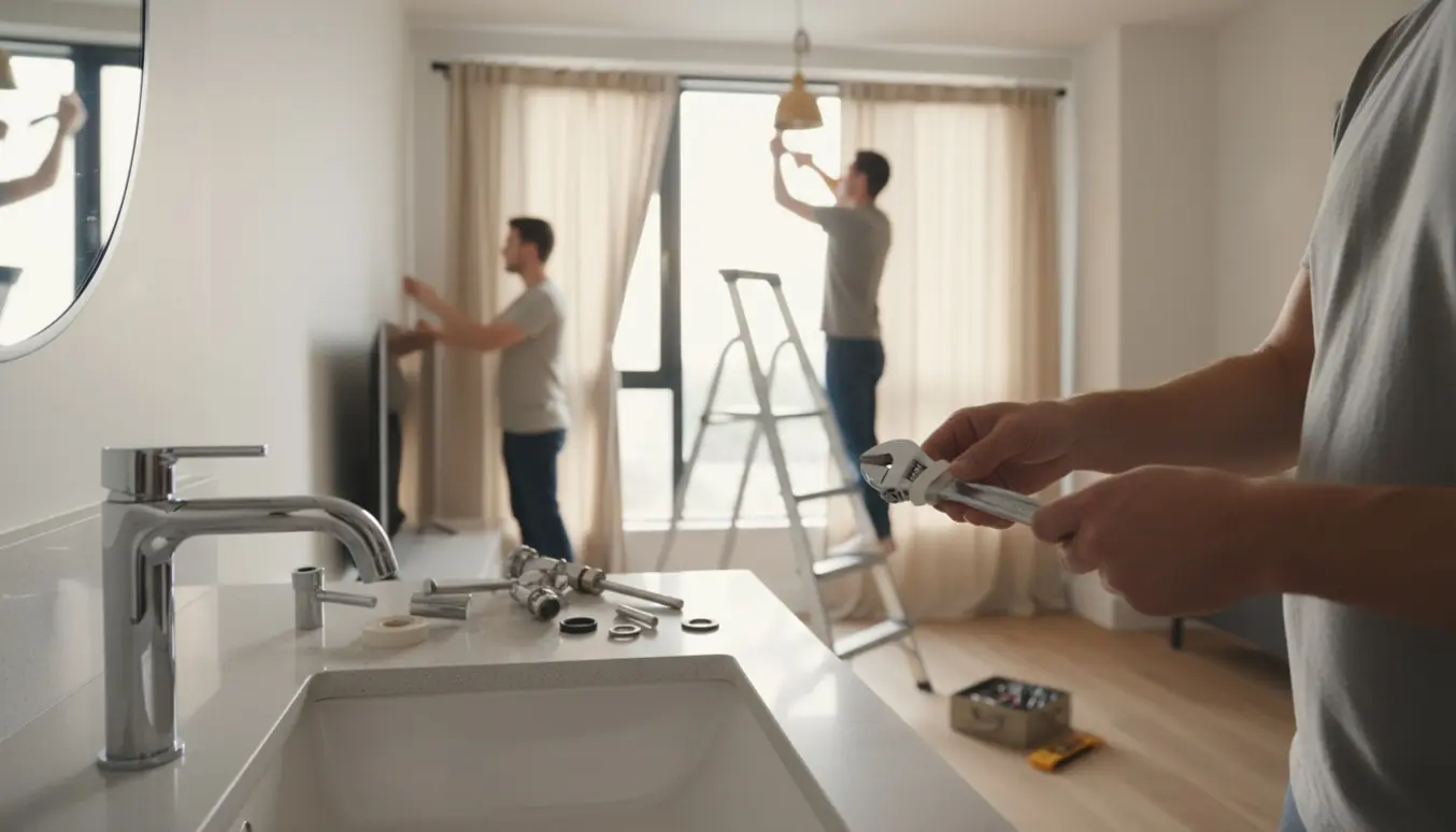 Hænder installerer lampe, hænger gardin og udskifter badarmatur i en lys, moderne lejlighed.