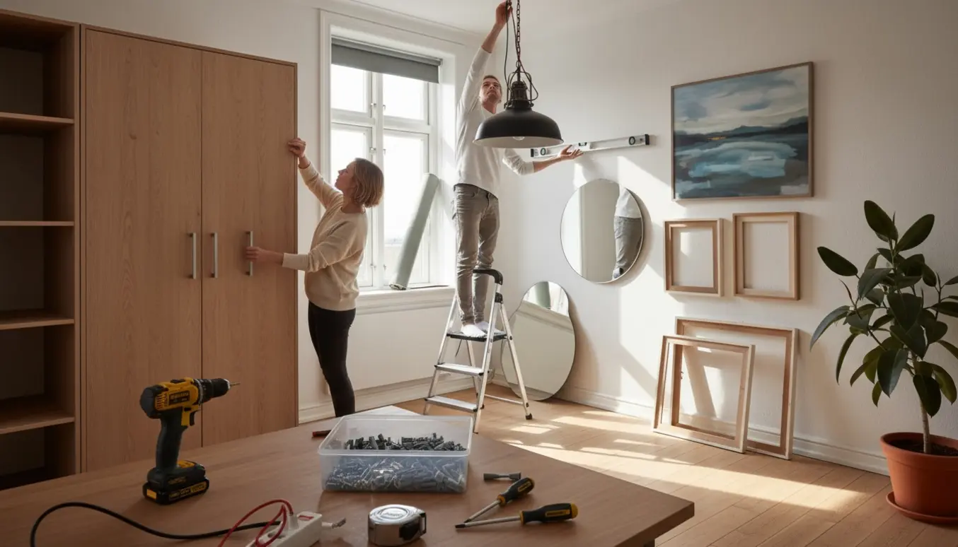 Hænger lamper, billedrammer og spejl op i en lys lejlighed med værktøj og skruer på et bord.