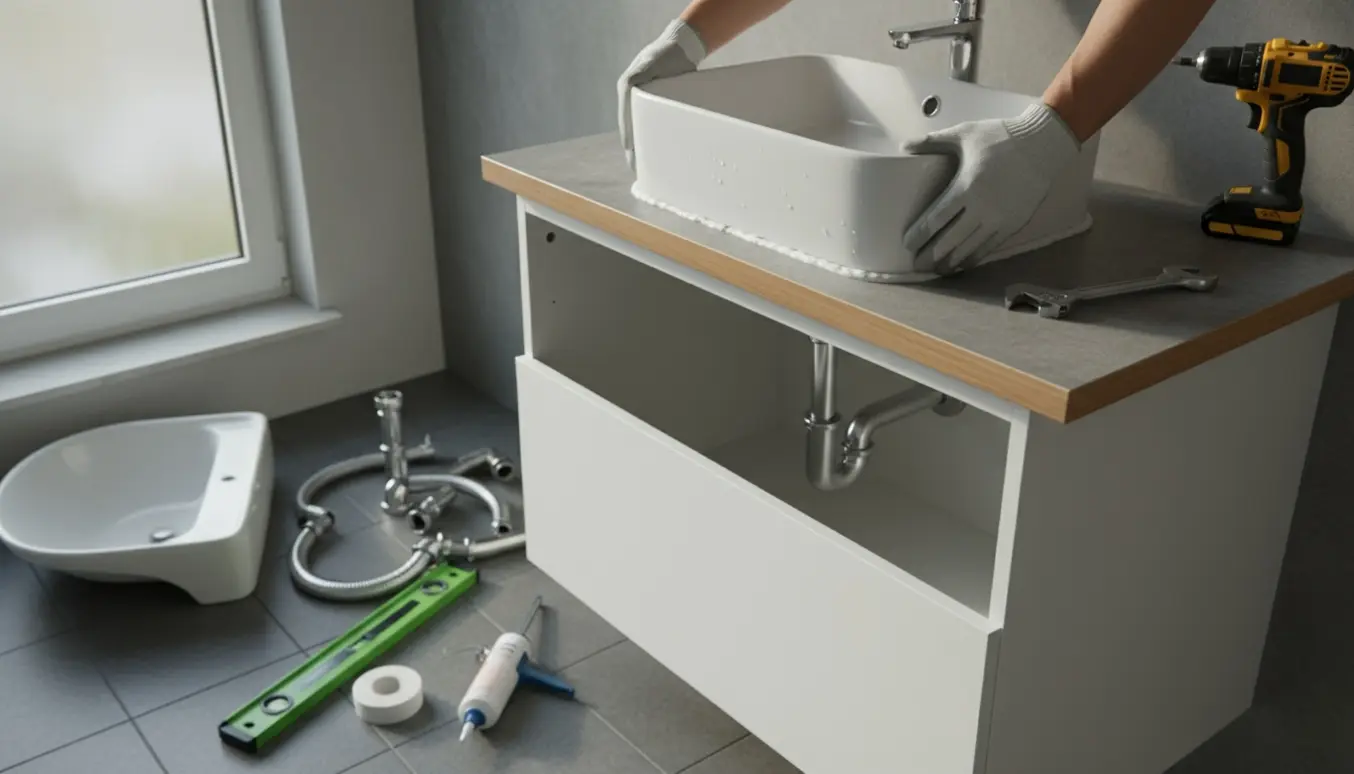 Nærbillede af montering af underskab og vask i et lyst flisebadeværelse med håndværkerhænder og værktøj.
