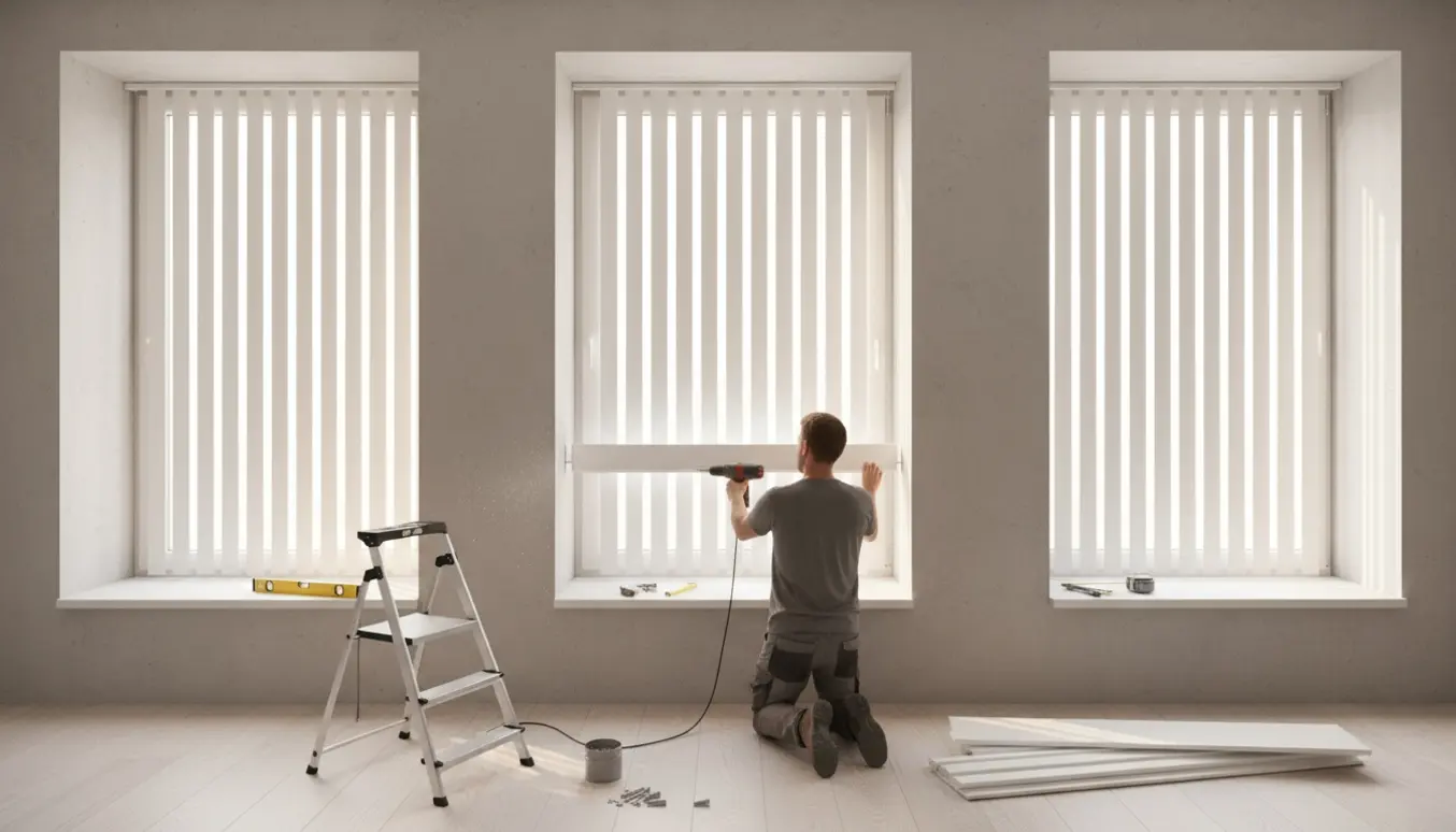 Håndværker genmonterer tilpassede lamelgardiner i tre vinduespartier i betonvægge.