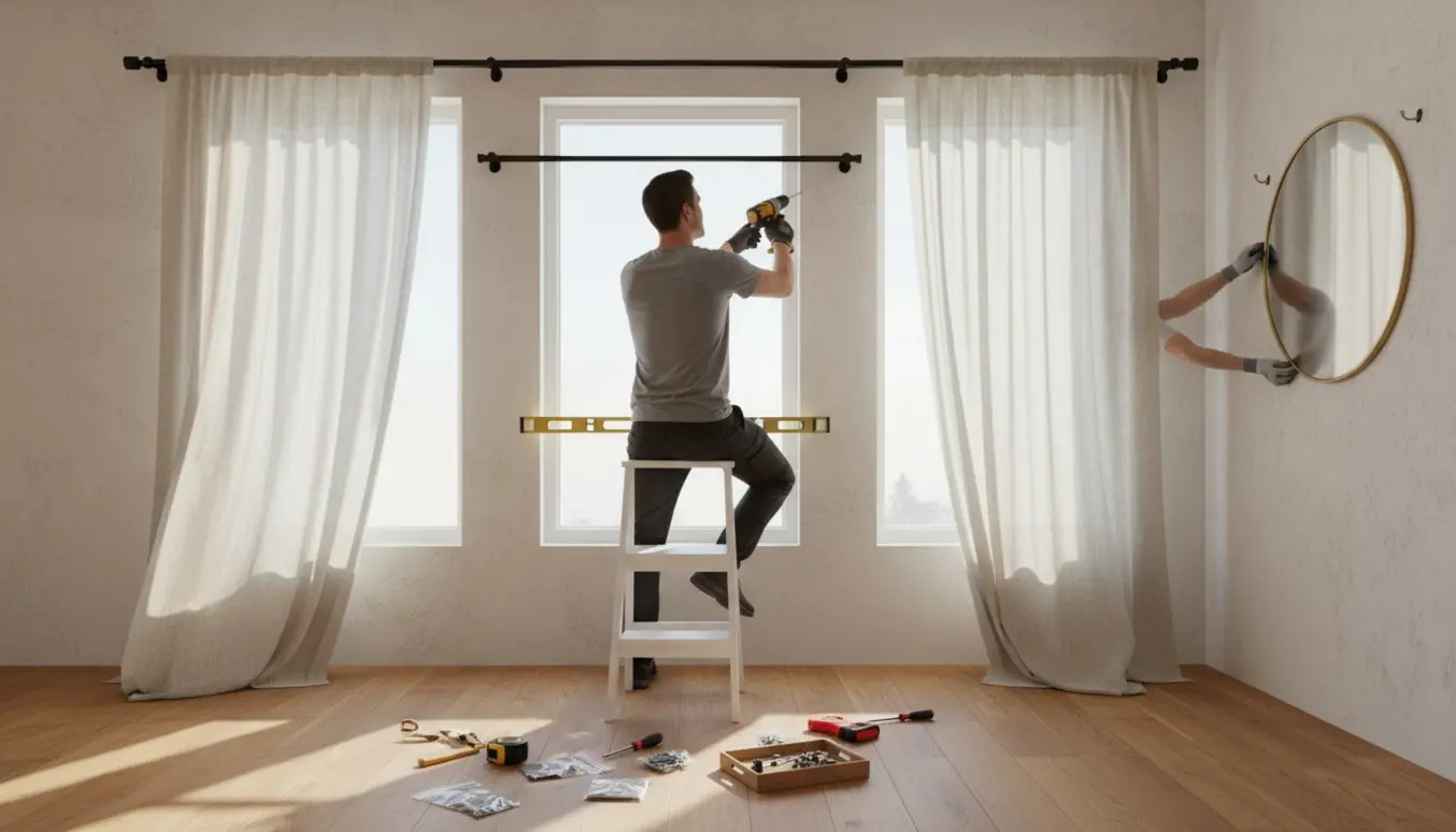 Hænder monterer gardinstænger over tre vinduer og hænger et spejl op i et lyst stuehjørne.