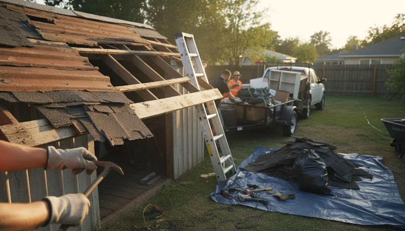 Gammelt tag fjernes fra et faldefærdigt skur, tagplader og affald læsses i en trailer.