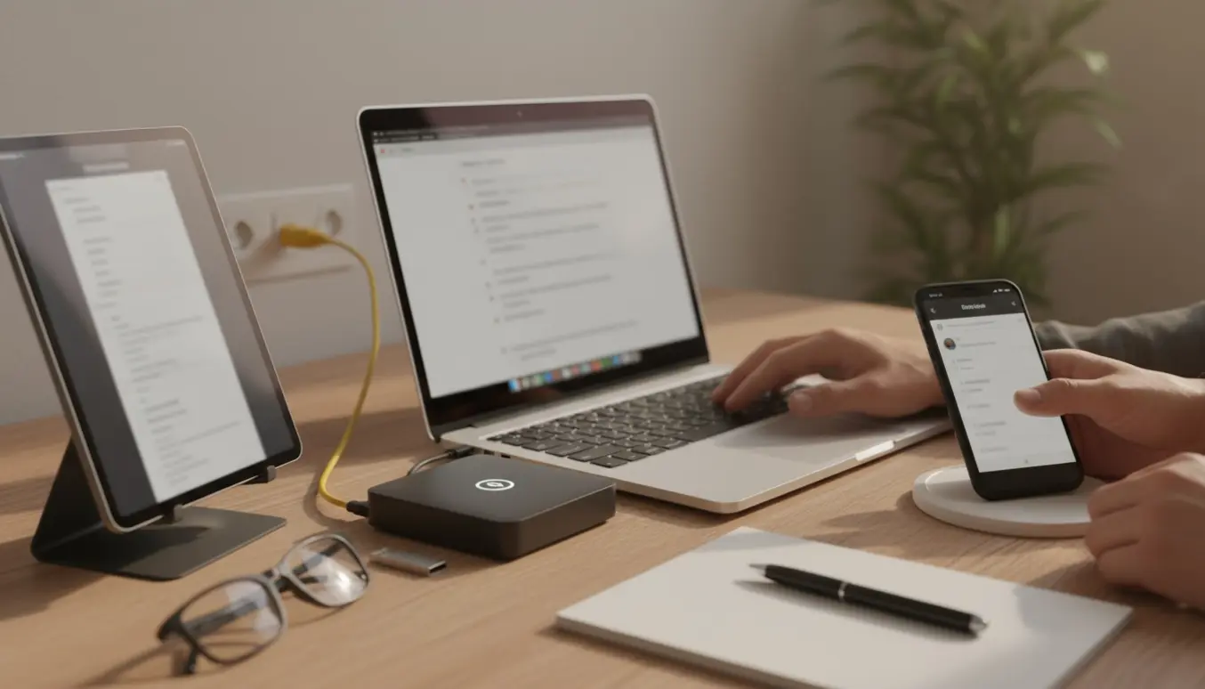 Hænder opsætter mail på laptop, smartphone og tablet ved et ryddeligt skrivebord.