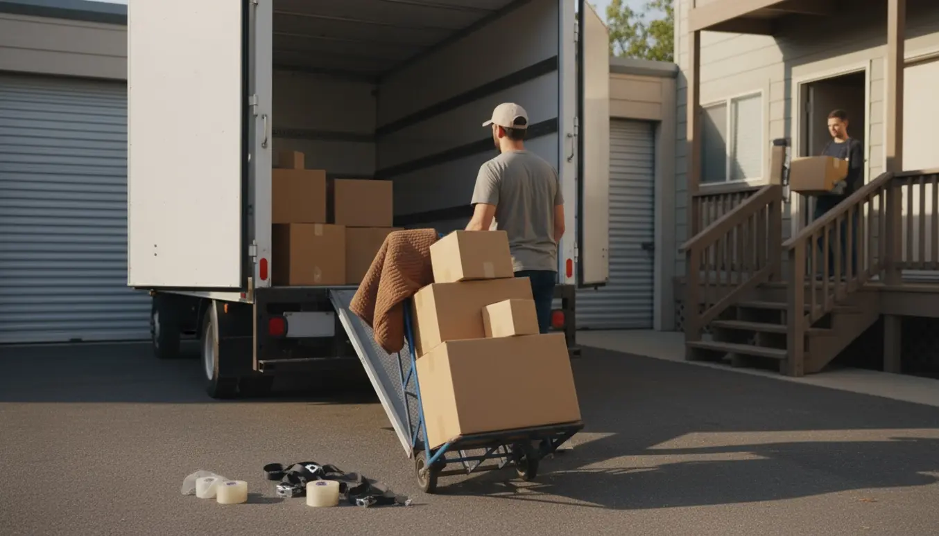 En ubrandet flyttebil parkeret ved et depotrum med dolly og flyttekasser klar til ind- og udlæsning.