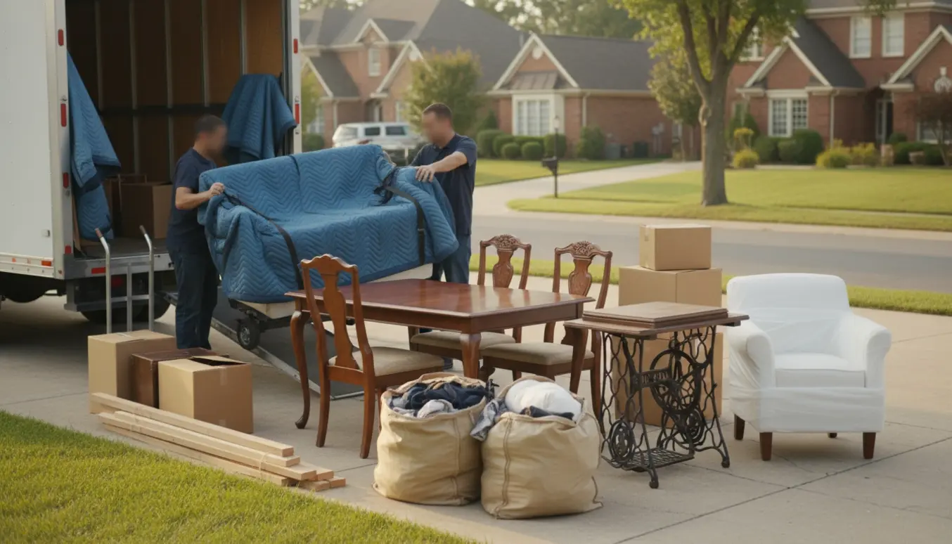 Flyttefolk læsser en tung sofa, et mahognibord, kasser og sække i en åben flyttebil.