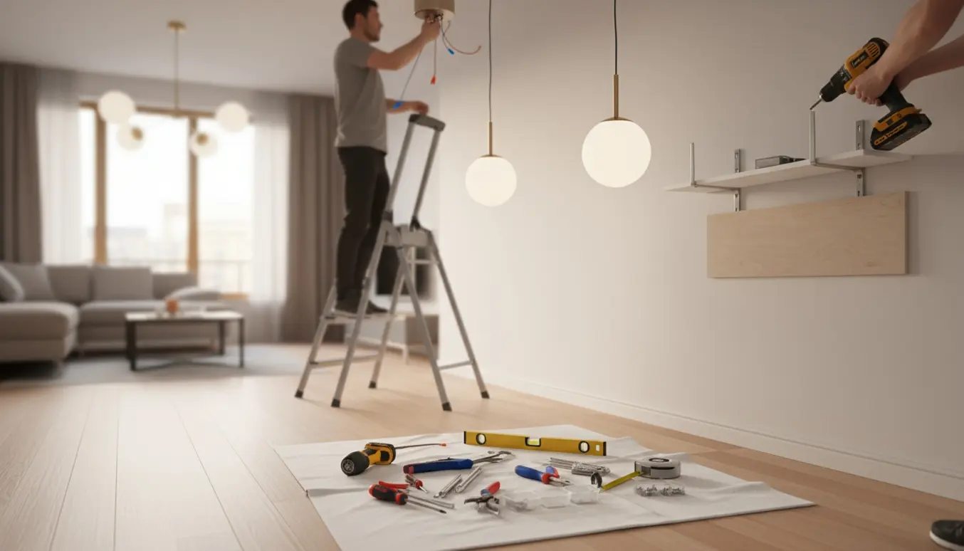 Installering af tre loftslamper og samling af et lille hyldesystem i en lys lejlighed med værktøj.