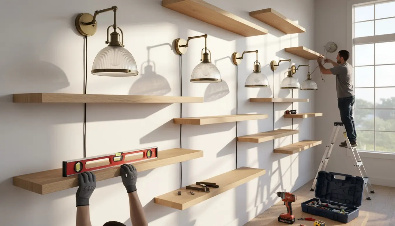 Montering af flere flydende hylder og pendellamper på en lys væg med værktøj og hænder i arbejde.