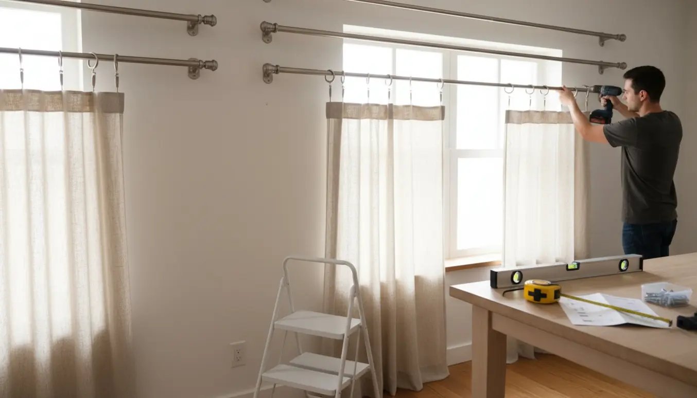 Tæt billede af hænder, der monterer gardinstænger over fire vinduer i en lys, skandinavisk stue.