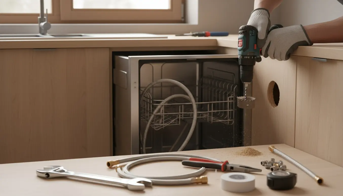 Hænder installerer opvaskemaskine og borer hul i et køkkenskab til vaskemaskine/tørretumbler.
