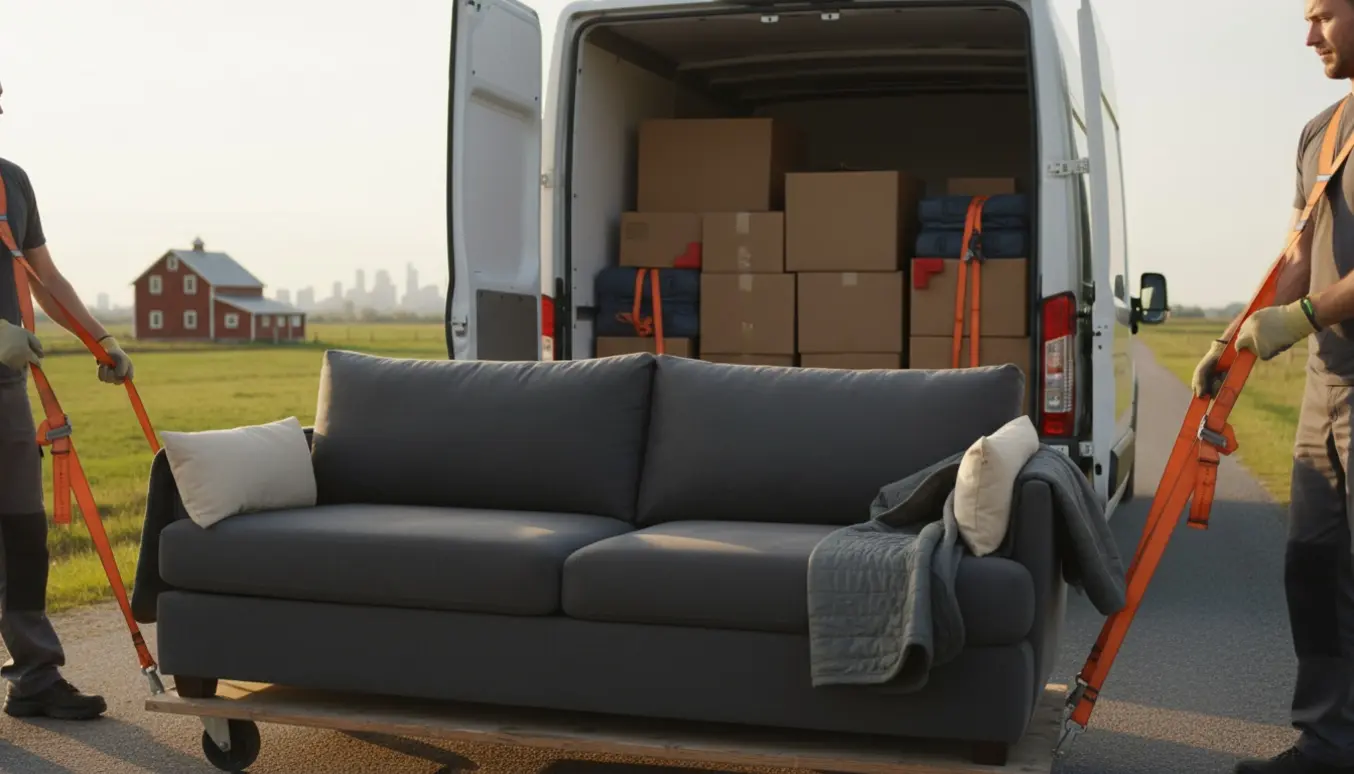 En stor sofa og to rygpuder løftes ind i en flyttevogn på en stille landevej.