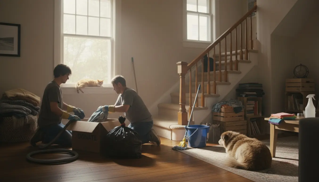 Frivillige rydder og gør rent i et ældre hjem, mens en hund og tre katte slapper af i sollyset.