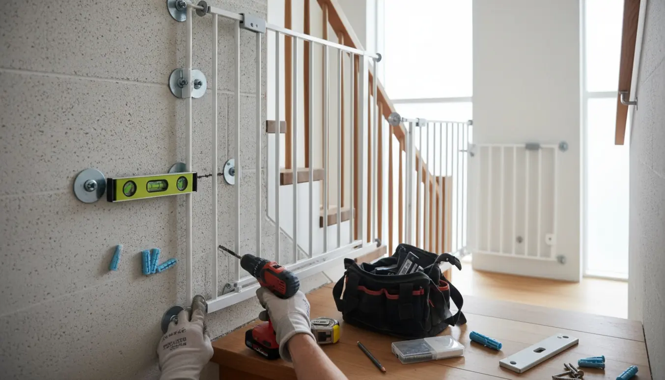 To hvide børnegitre monteres ved en trappe i gasbeton, med værktøj og hænder synlige, ingen ansigter.