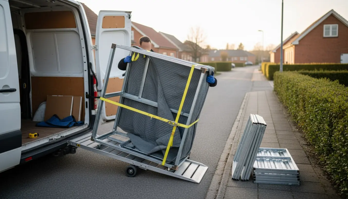 Reolramme pakket og fastgjort i en varevogn på en stille forstadsgade.