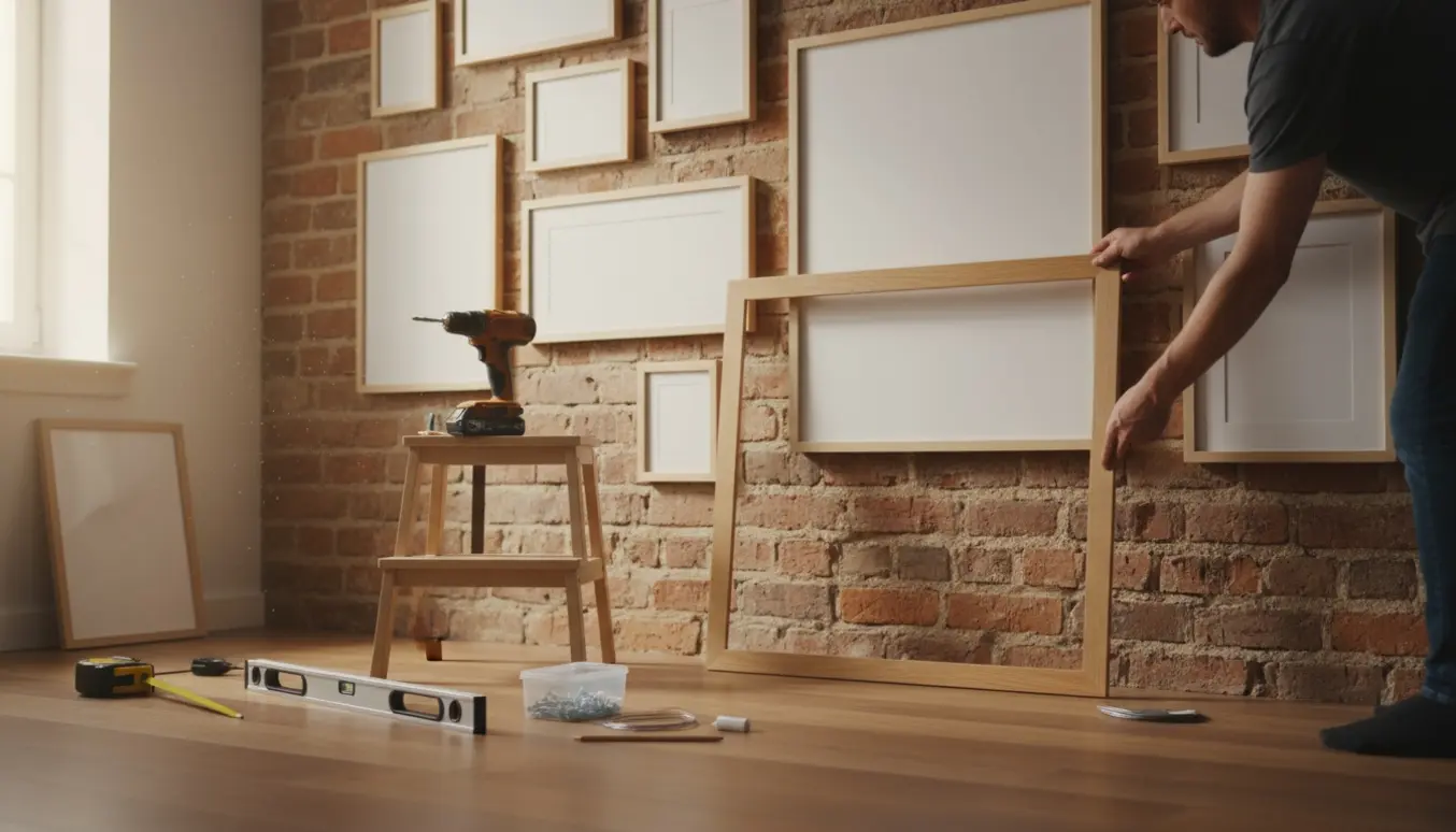 Hænder hænger rammer op på en murstensvæg i en stue med boremaskine, målebånd og stige synlige.