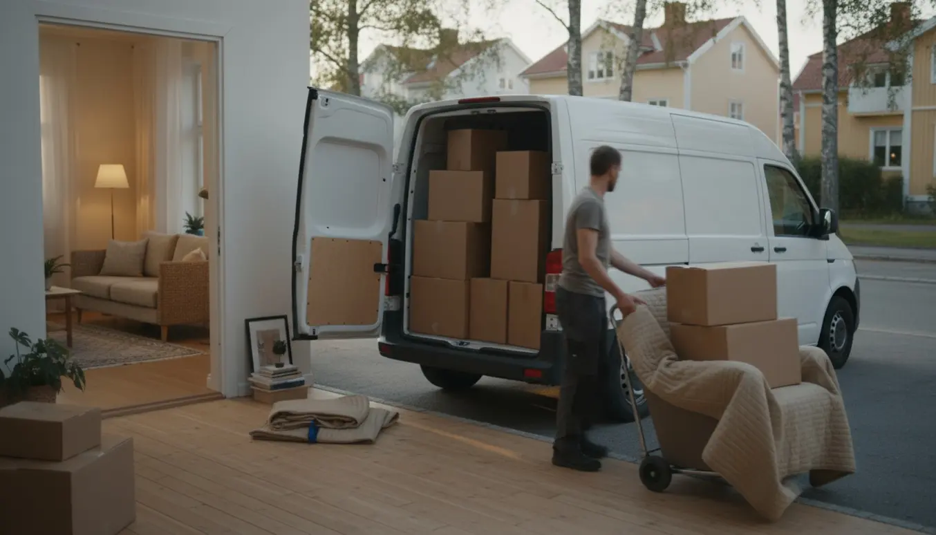 Flyttevogn og flyttekasser foran en opgang, møbler pakkes og gøres klar til transport.