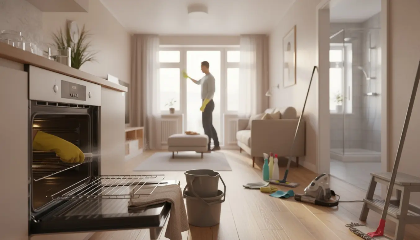 Arme med handsker rengør ovn og vindue i et kompakt 53 m² étplanshus med rengøringsudstyr og en ren brusekabine i baggrunden.