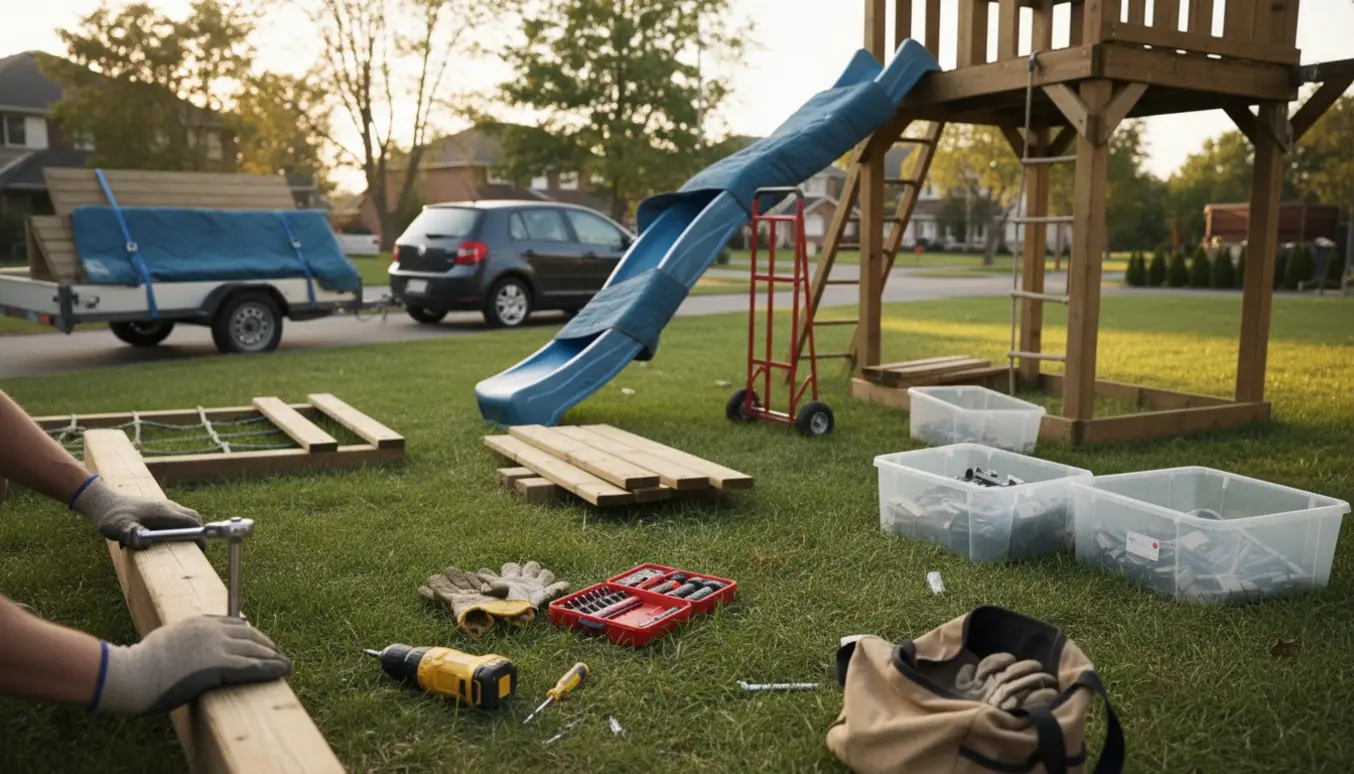 Delvist afmonteret træ-legetårn i forhaven med værktøj og dele klar til at blive flyttet.