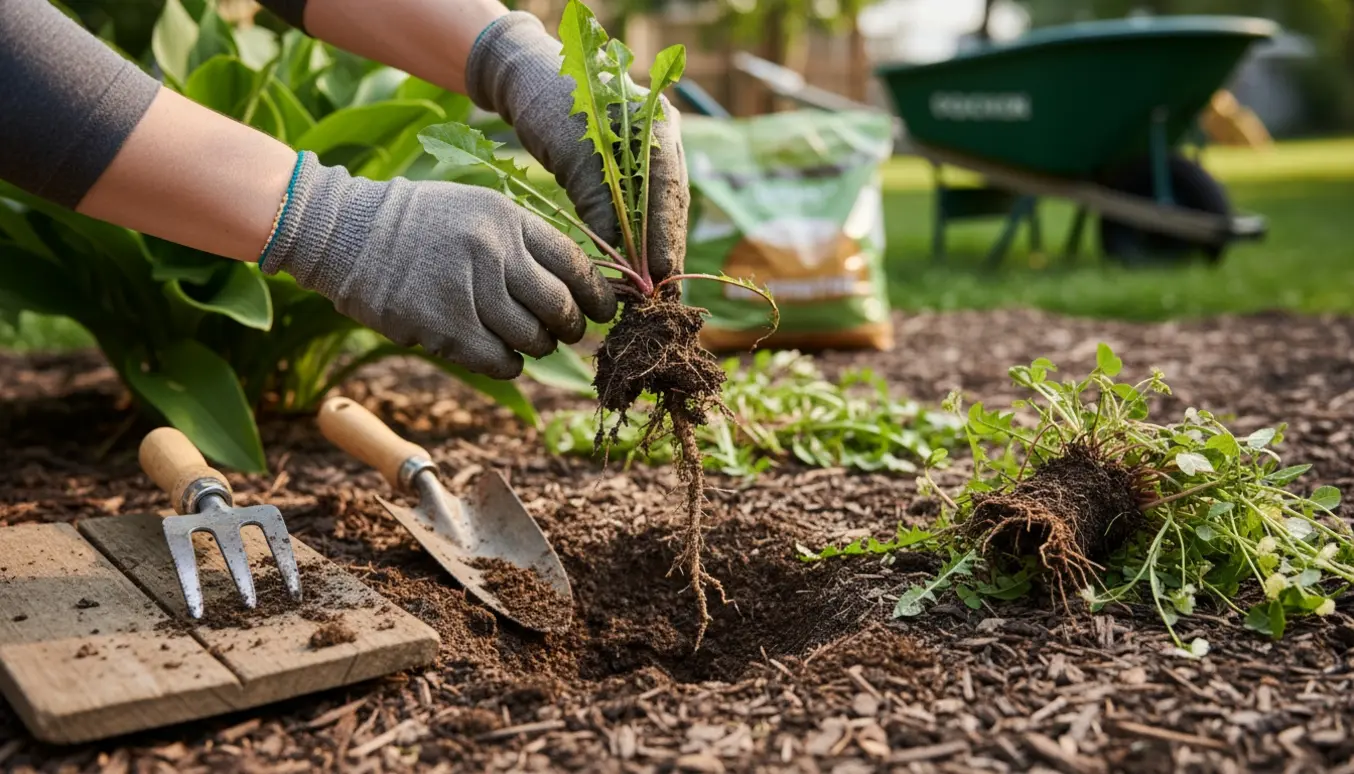 Nærbillede af handskerede hænder, der trækker ukrudt op fra en blomsterbed i en have.