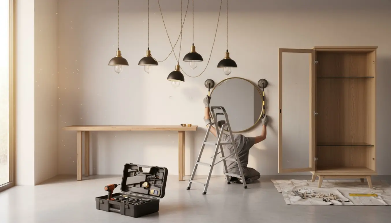 Hænder på en stige ophænger et spejl ved siden af fem lamper, med et halvfærdigt vitrineskab og værktøj i rummet.