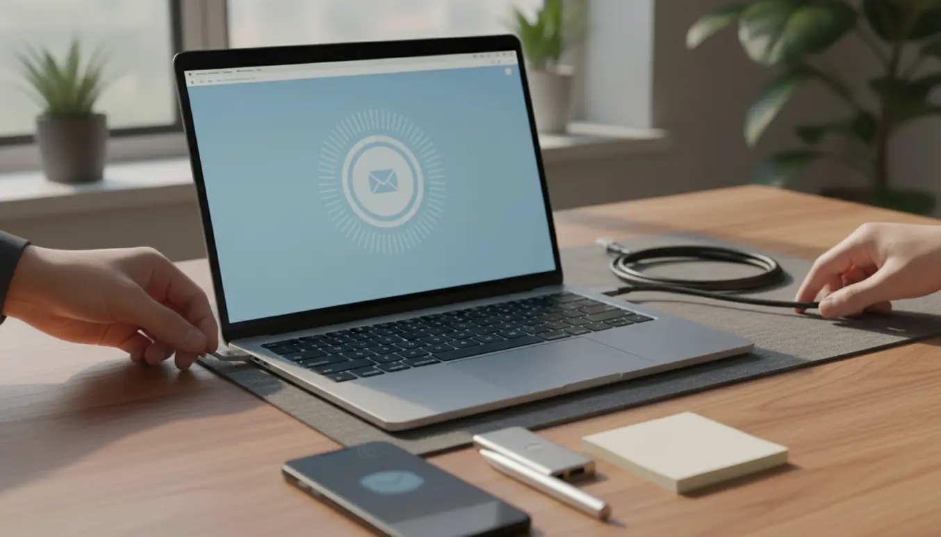 Ryddet skrivebord med bærbar computer og hænder, der tilslutter USB under en blå-tonet e-mail-installation.