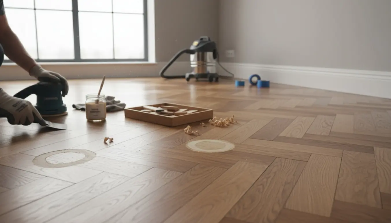 Nærbillede af sildebensparket under reparation med hænder, spartel og slibemaskine i et lyst rum.