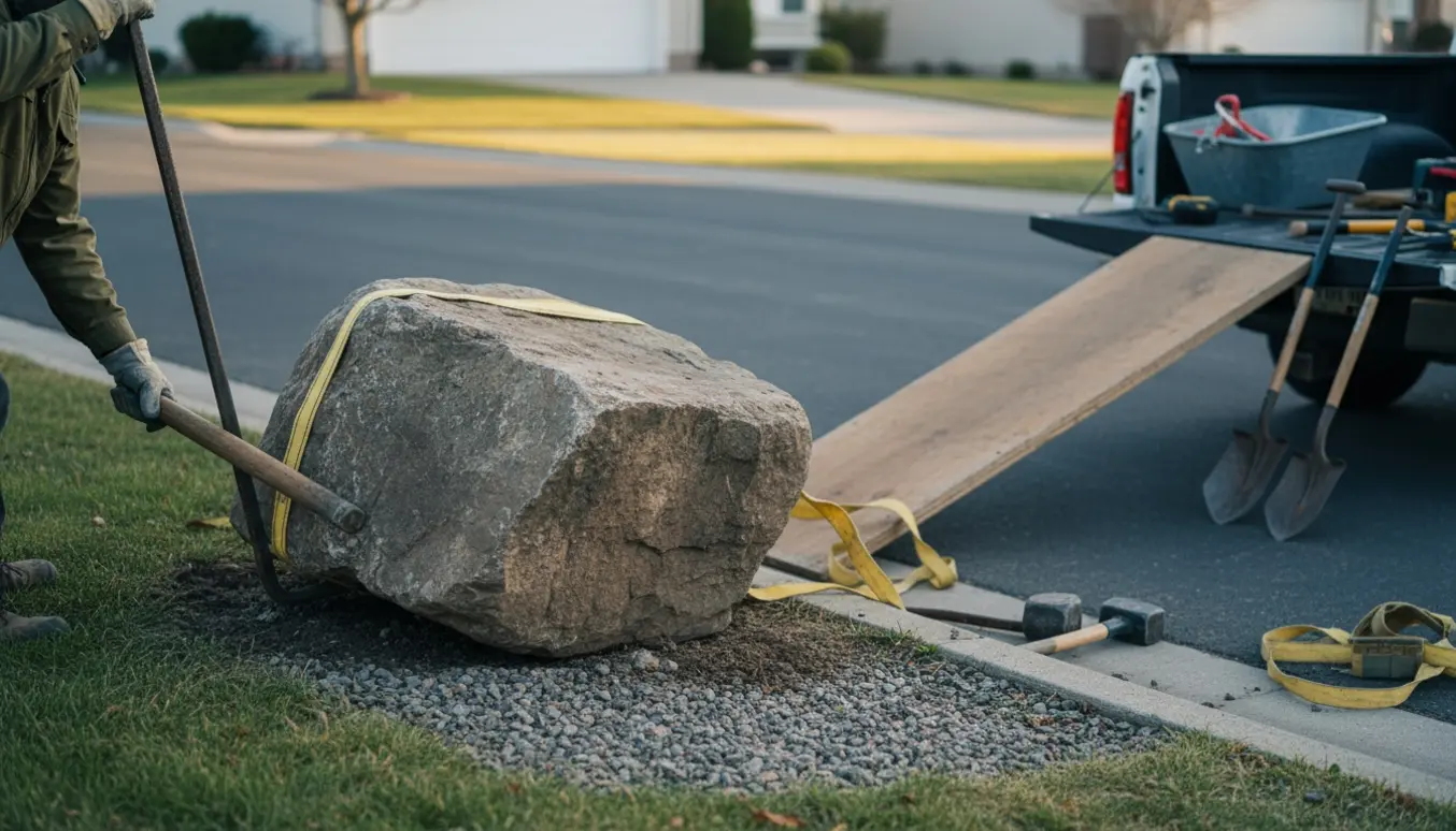 Handsker og værktøj løfter en stor sten ved vejkanten klar til at blive læsset i en pickup.