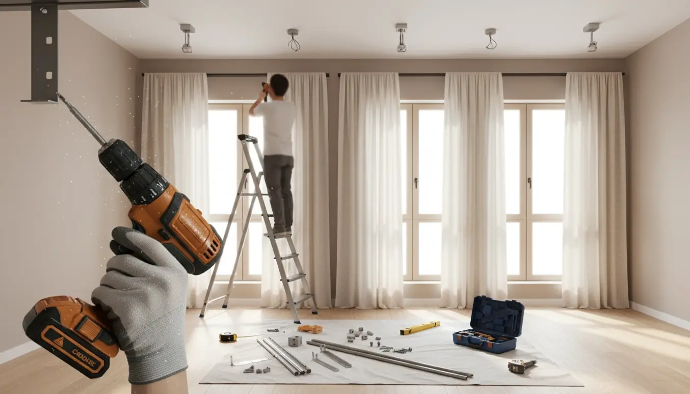 Installatør monterer loftslamper og gulvlange gardiner i en lys lejlighed, hænder bruger boremaskine.