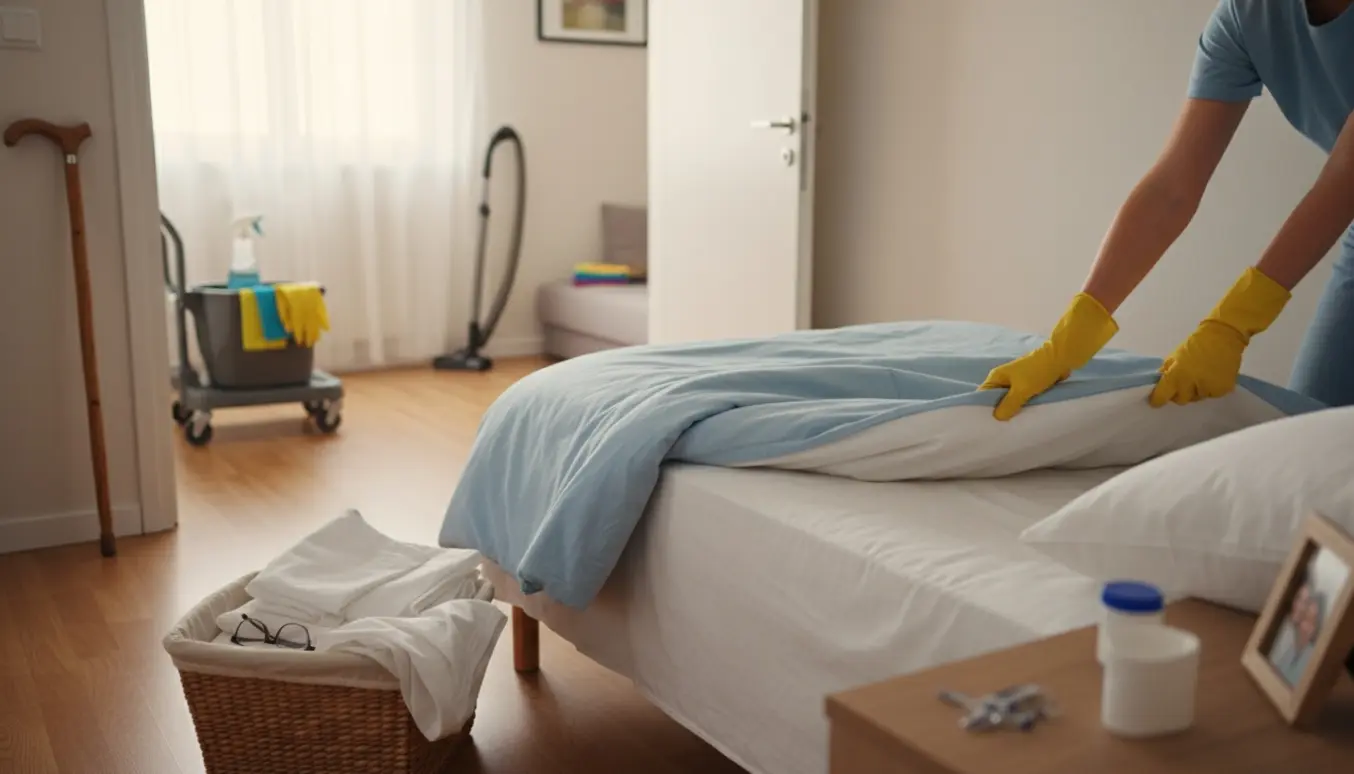 Rengøringshjælp skifter sengetøj i et solbeskinnet, hyggeligt ældre hjem med vasketøjskurv og rengøringsudstyr.